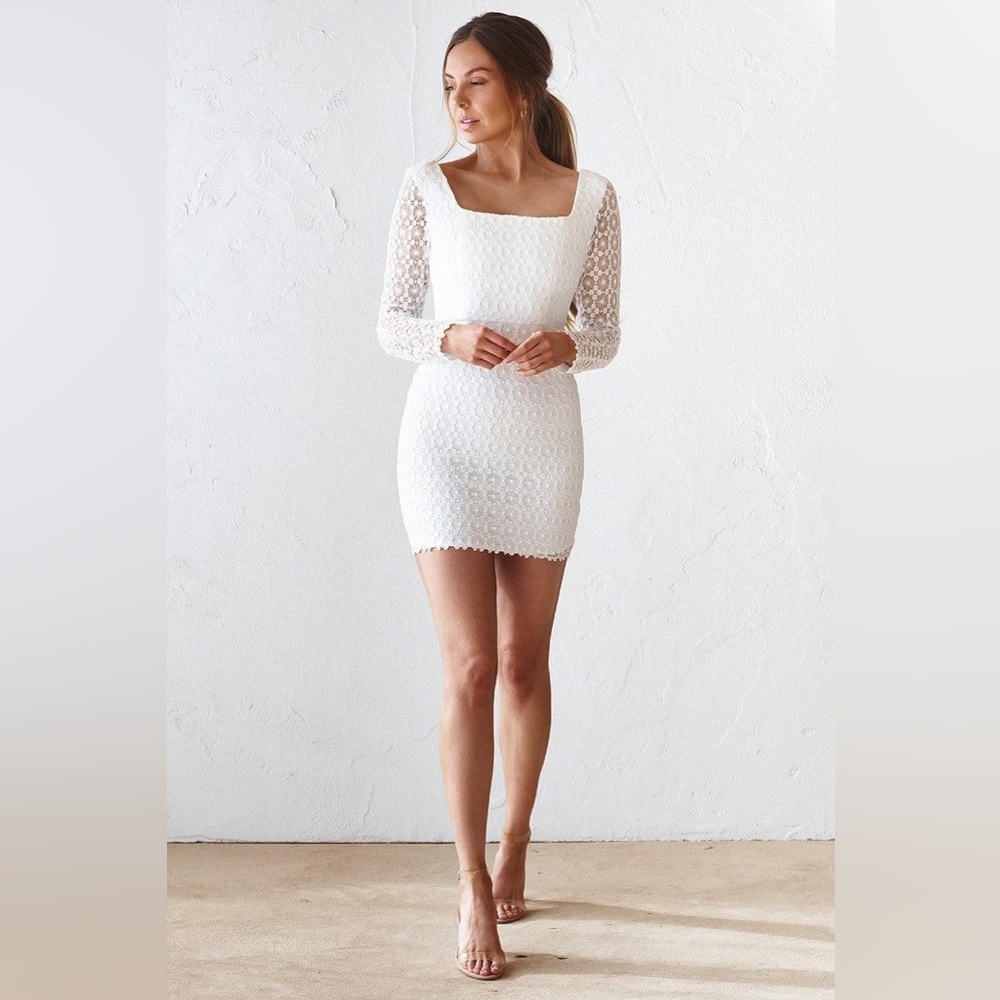 NWT JAUS | WHITE‎ EMERIE LACE OVERLAY LONG SLEEVE MINI DRESS S